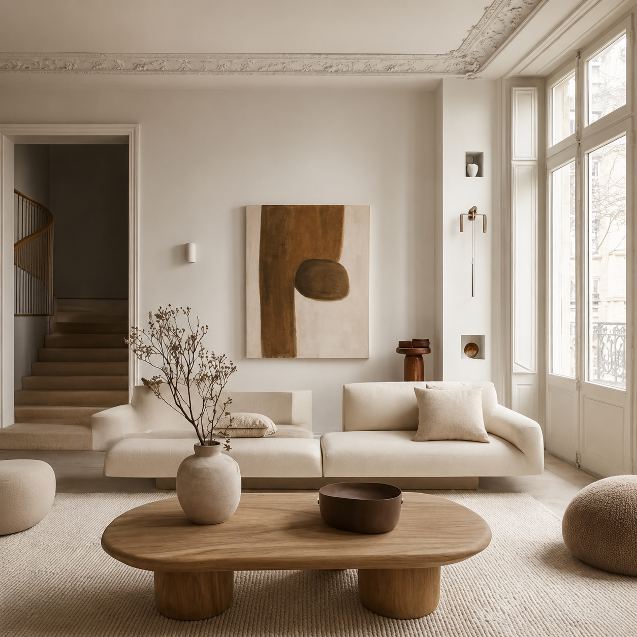 Minimalist Japandi-inspired interior featuring a solid oak, soft curves, natural textures and Scandinavian styling