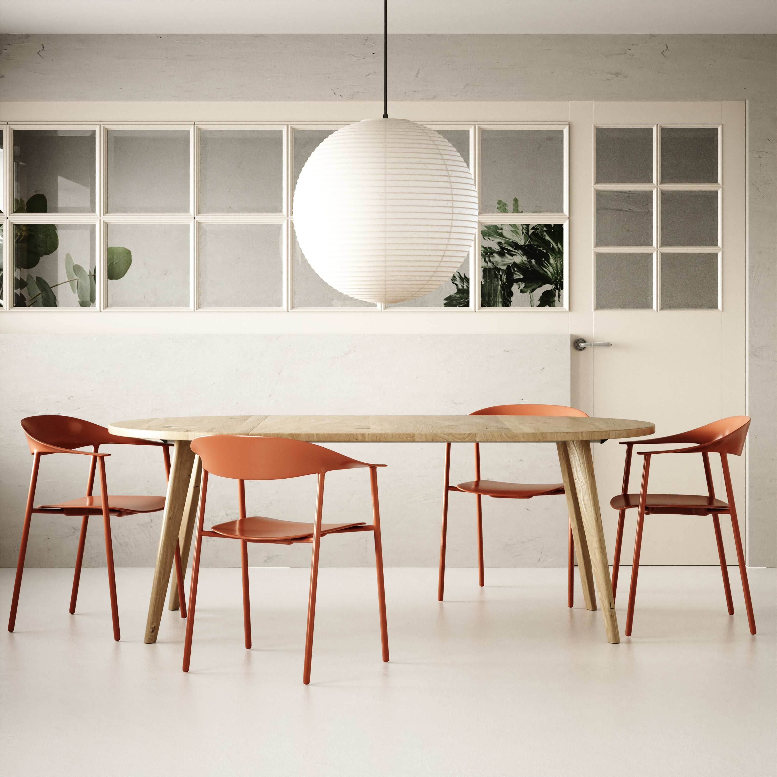 Solid oak round extendable dining table transforming through multiple size configurations in a modern open-plan home