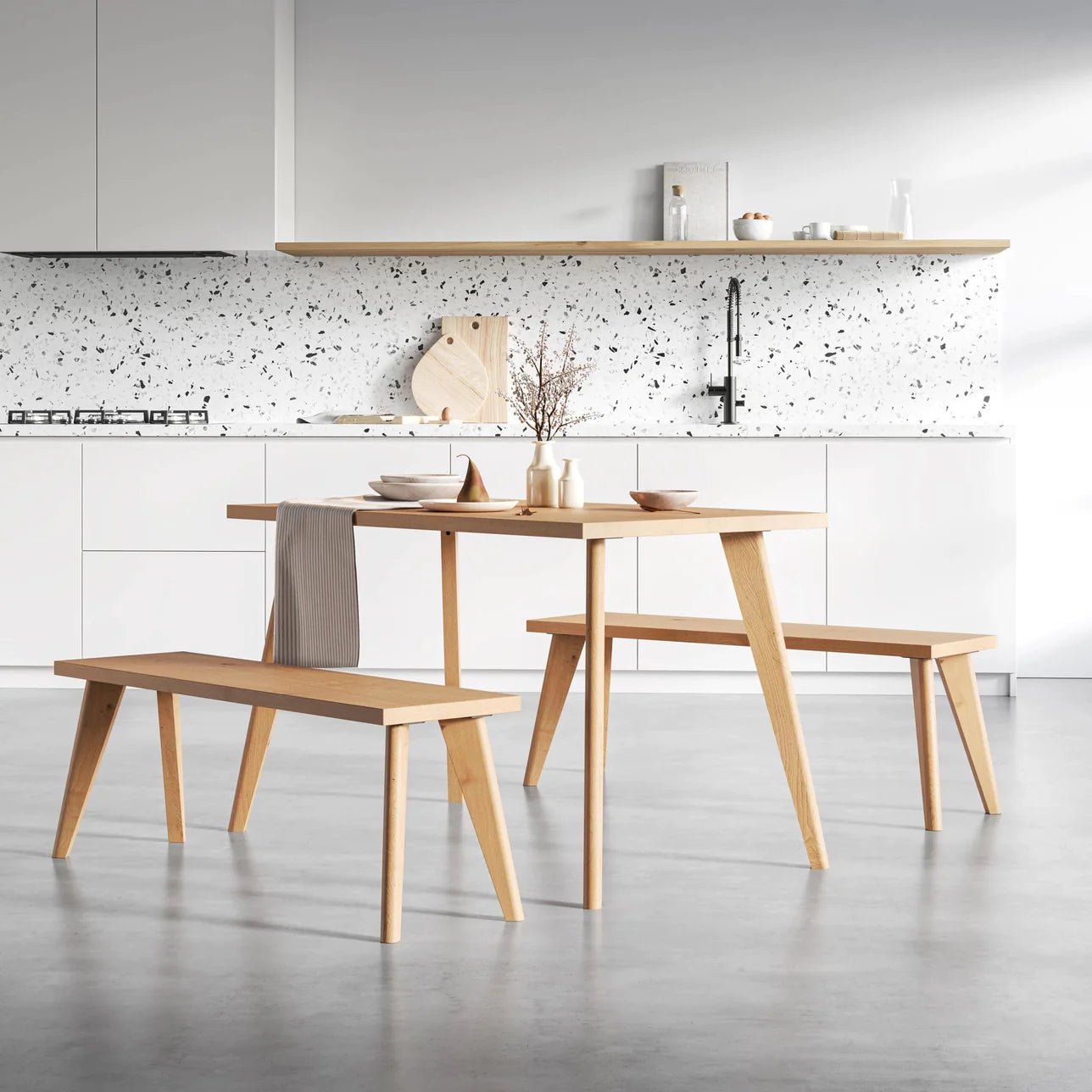 Solid Oak Wood Dining Table Set from the oakwell collection in natural finish with two benches set in kitchen