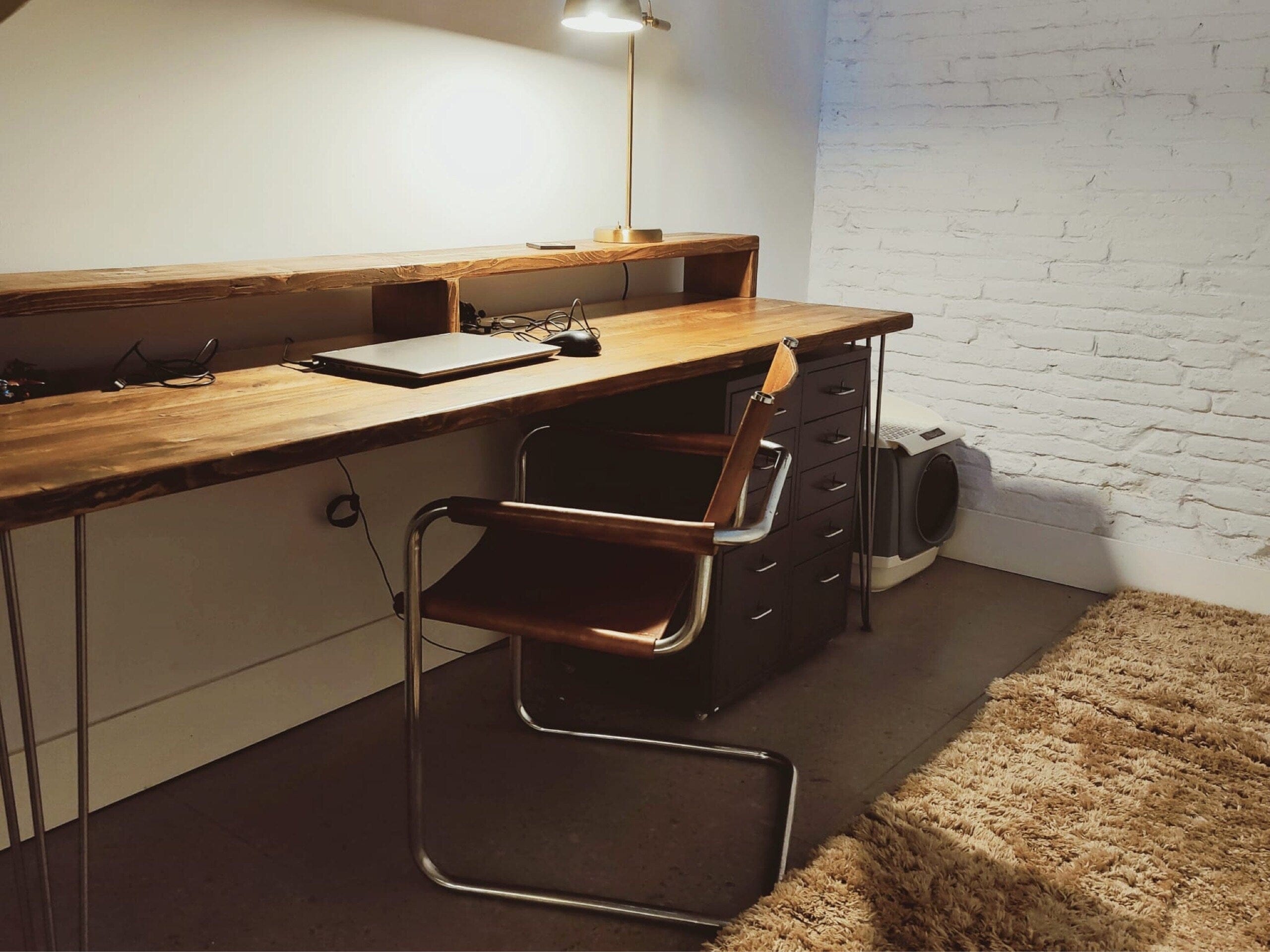 7MAGOKfurniture Desks Desk with Monitor Stand, Reclaimed Wood on Hairpin Legs | RECLAIMED Collection