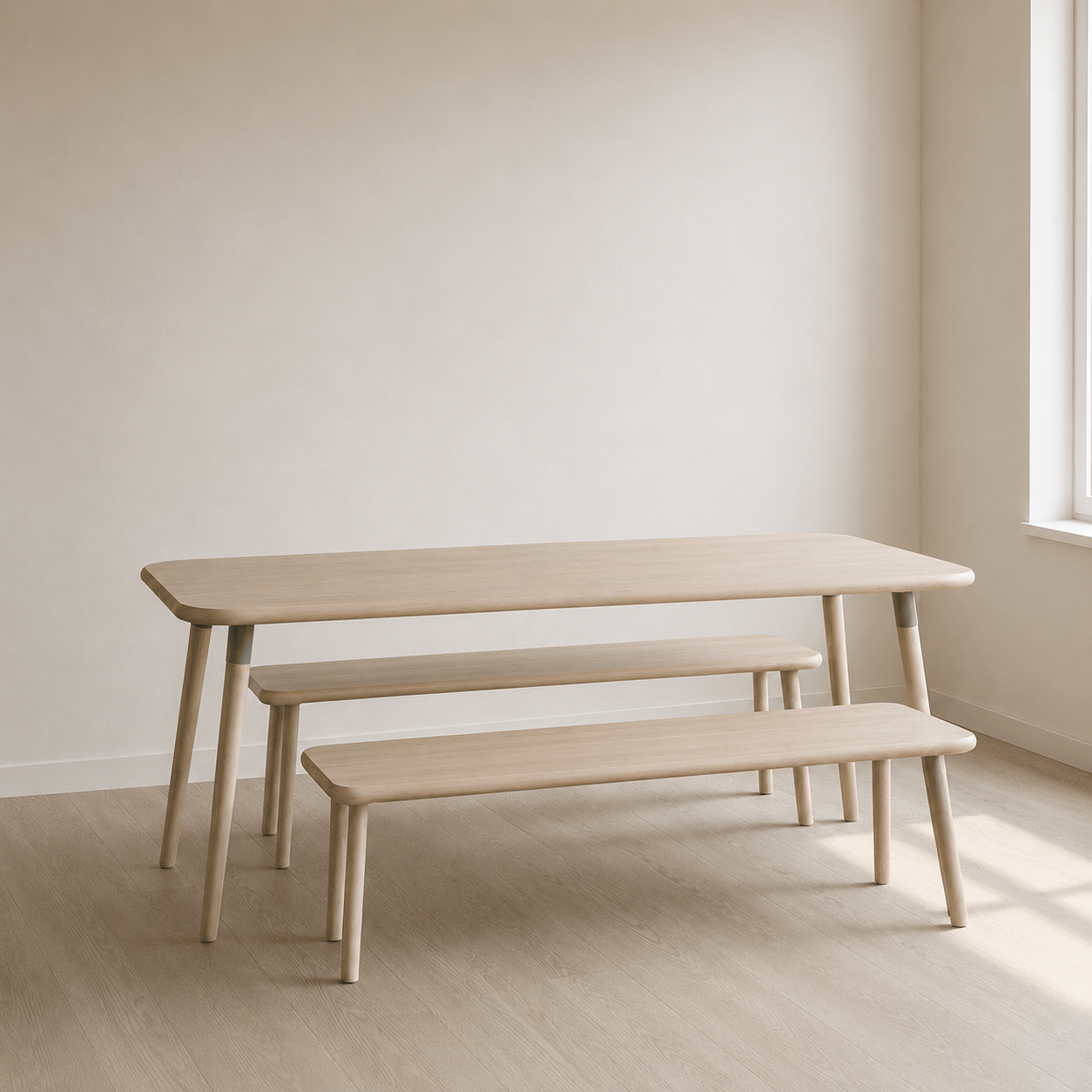 7MAGOKfurniture Dining Table & Bench Set Solid Oak Dining Table & Bench Set, Rectangular, 4–8 Seater, Danish Tapered Legs | KALMA Collection
