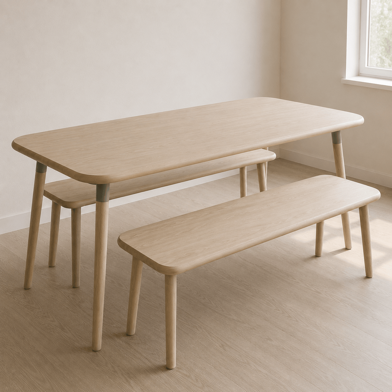 7MAGOKfurniture Dining Table & Bench Set Solid Oak Dining Table & Bench Set, Rectangular, 4–8 Seater, Danish Tapered Legs | KALMA Collection