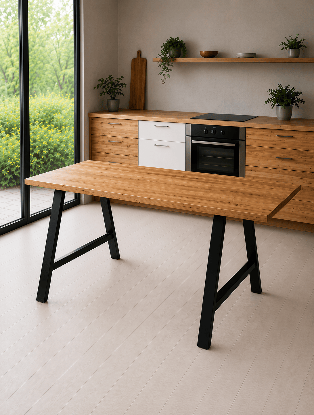 7MAGOKfurniture Kitchen & Dining Furniture Sets Salvaged Wood Dining Table & Bench Set with A-Frame Steel Legs | INDUSTRIAL Collection