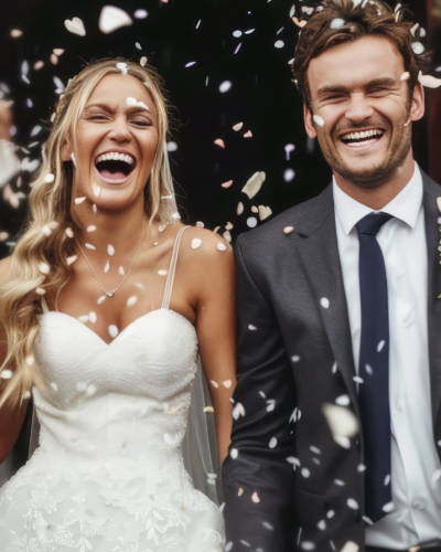 Couple in wedding attire with confetti falling around them