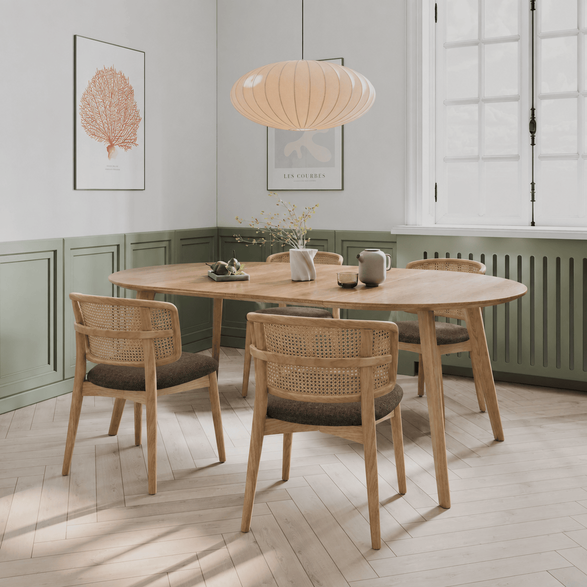 7MAGOKfurniture Dining Table & Chair Set Extending Round Dining Table Set with LISBOA Dining Chairs | KANTAR COLLECTION