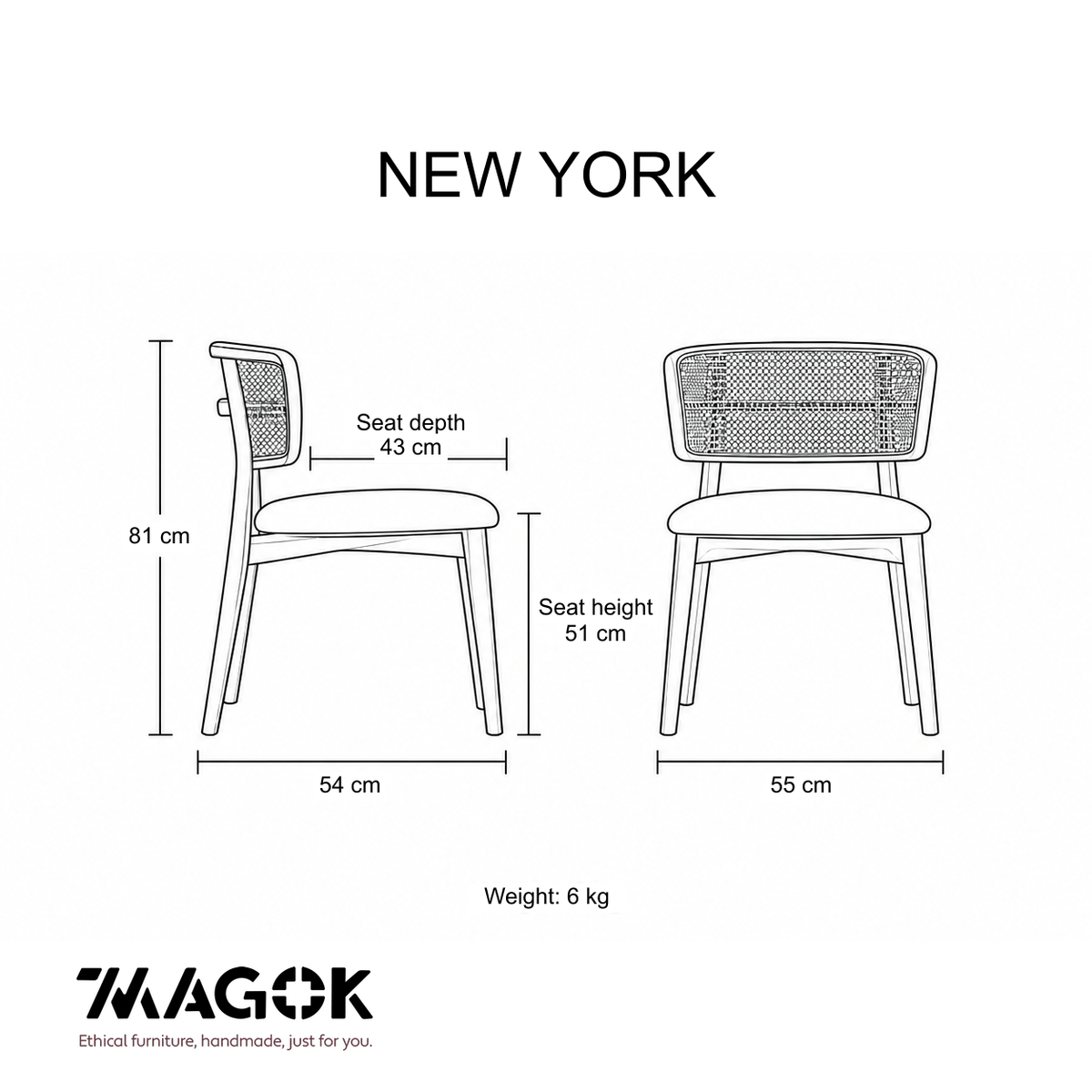 7MAGOKfurniture Kitchen & Dining chairs Dining Chair for Kitchen and Dining Room, Wicker and Solid Wood | NEW YORK