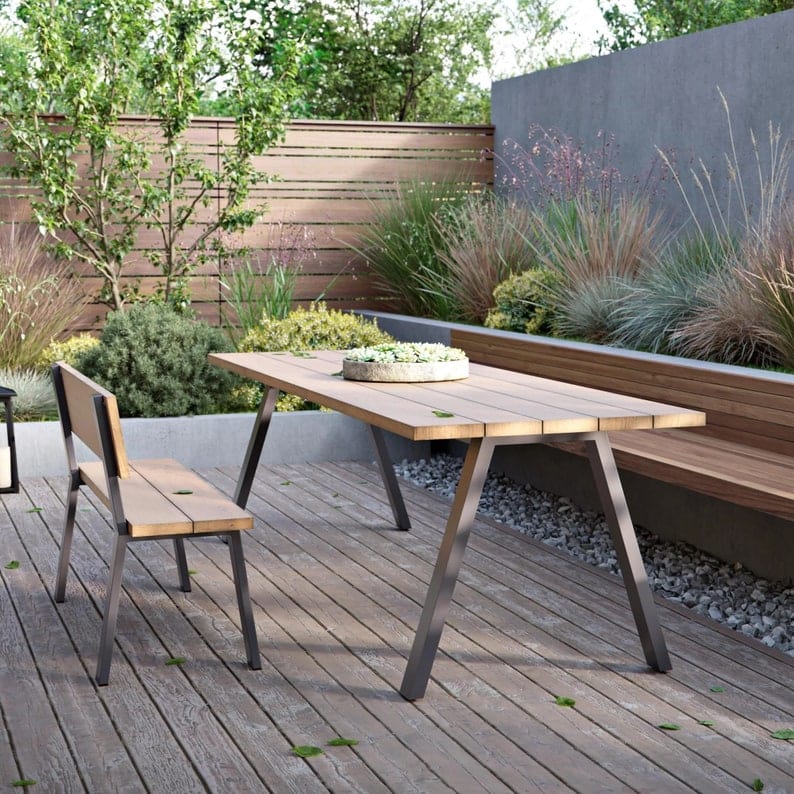 7MAGOKfurniture outdoor garden bench Outdoor Oak Seat on Industrial Steel Frame, Sustainable Design