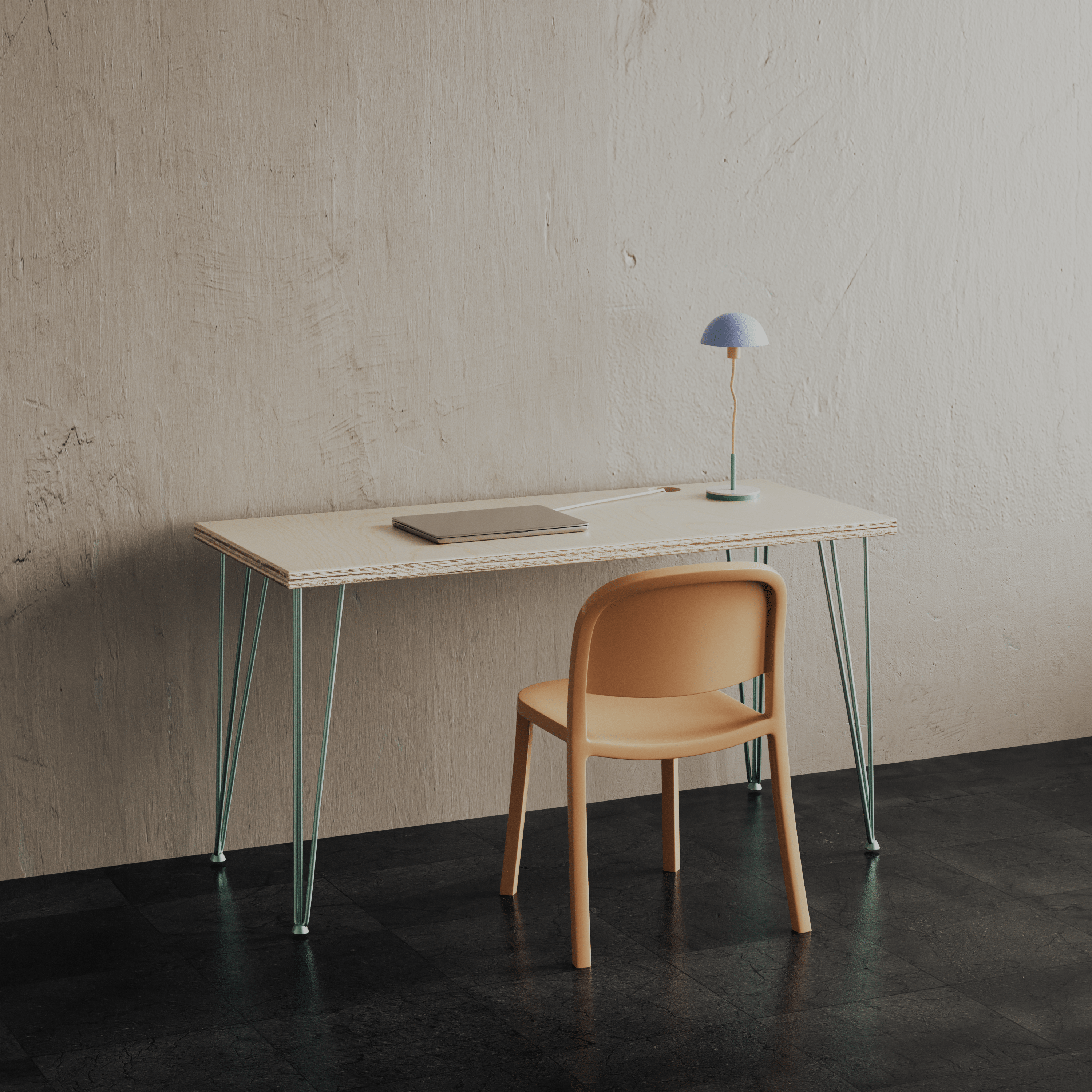 Office Desk, Birch Plywood Top on Hairpin legs / BIRCH PLY Collection
