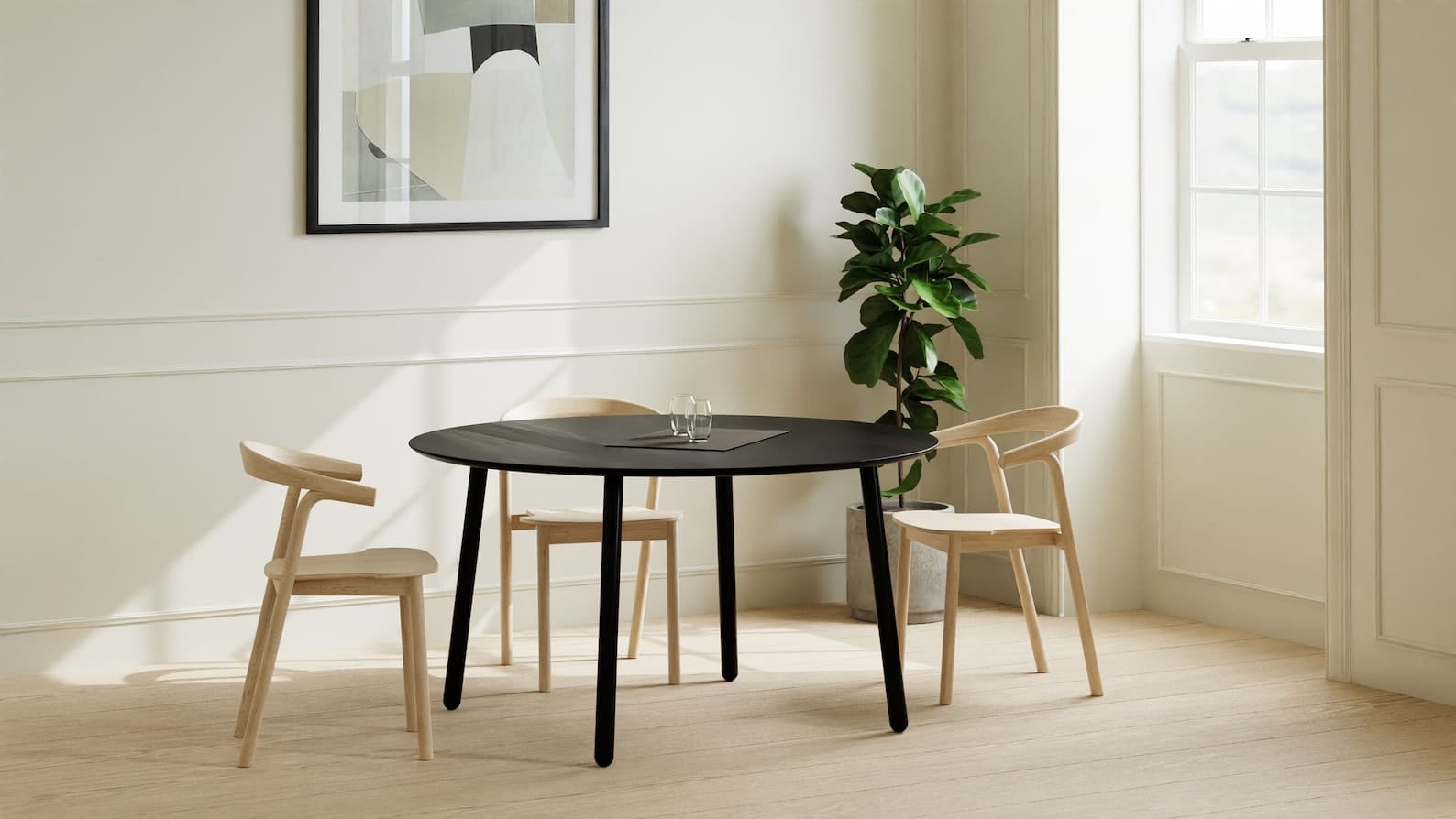 Round Dining Table in Black Oak on Black Steel Danish Legs, 4-6 seater / EARTH Collection