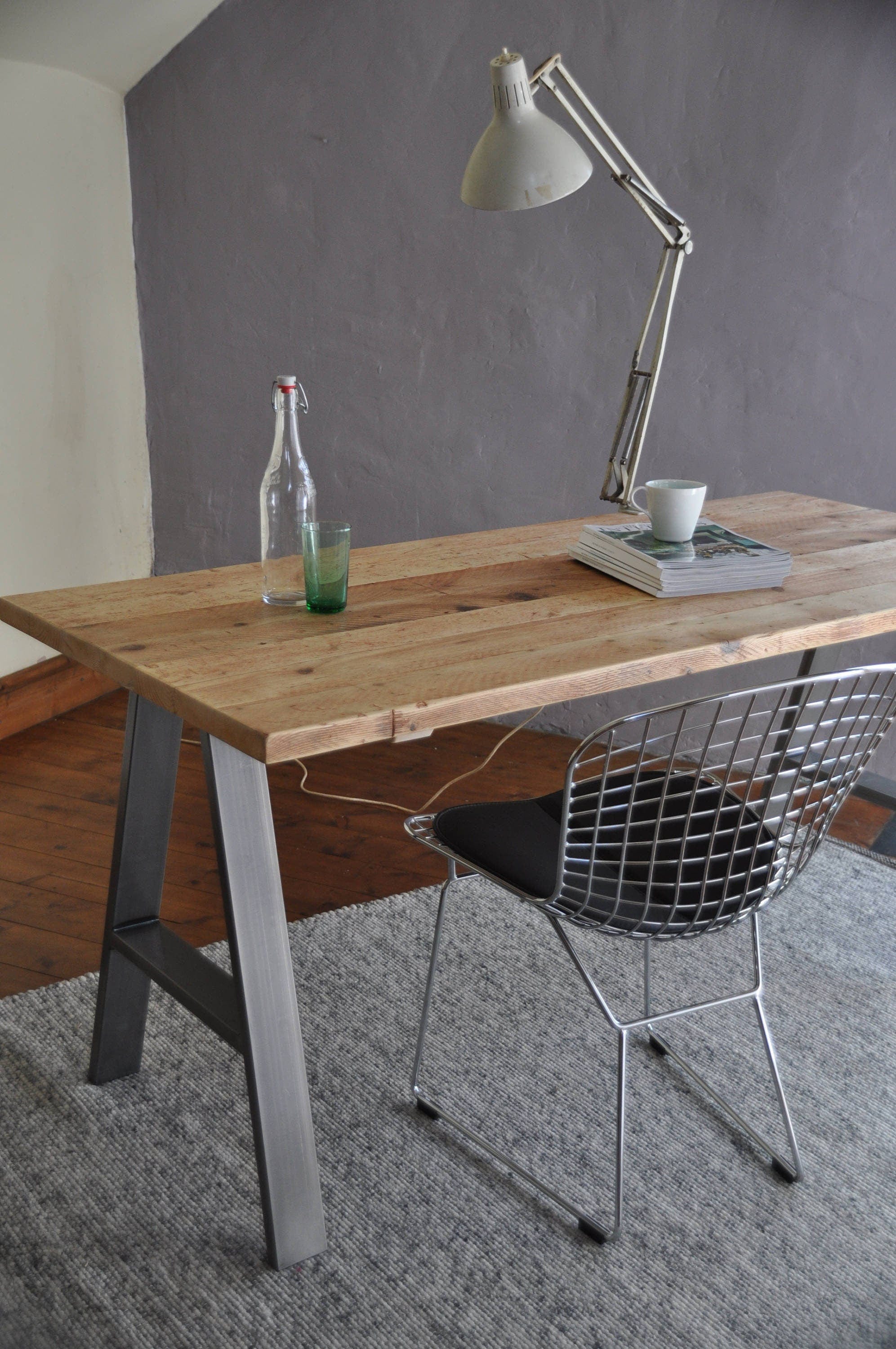 7MAGOKfurniture Desks Study Desk, WFH Bureau, Reclaimed Wood & A-Frame Steel Legs | INDUSTRIAL Collection