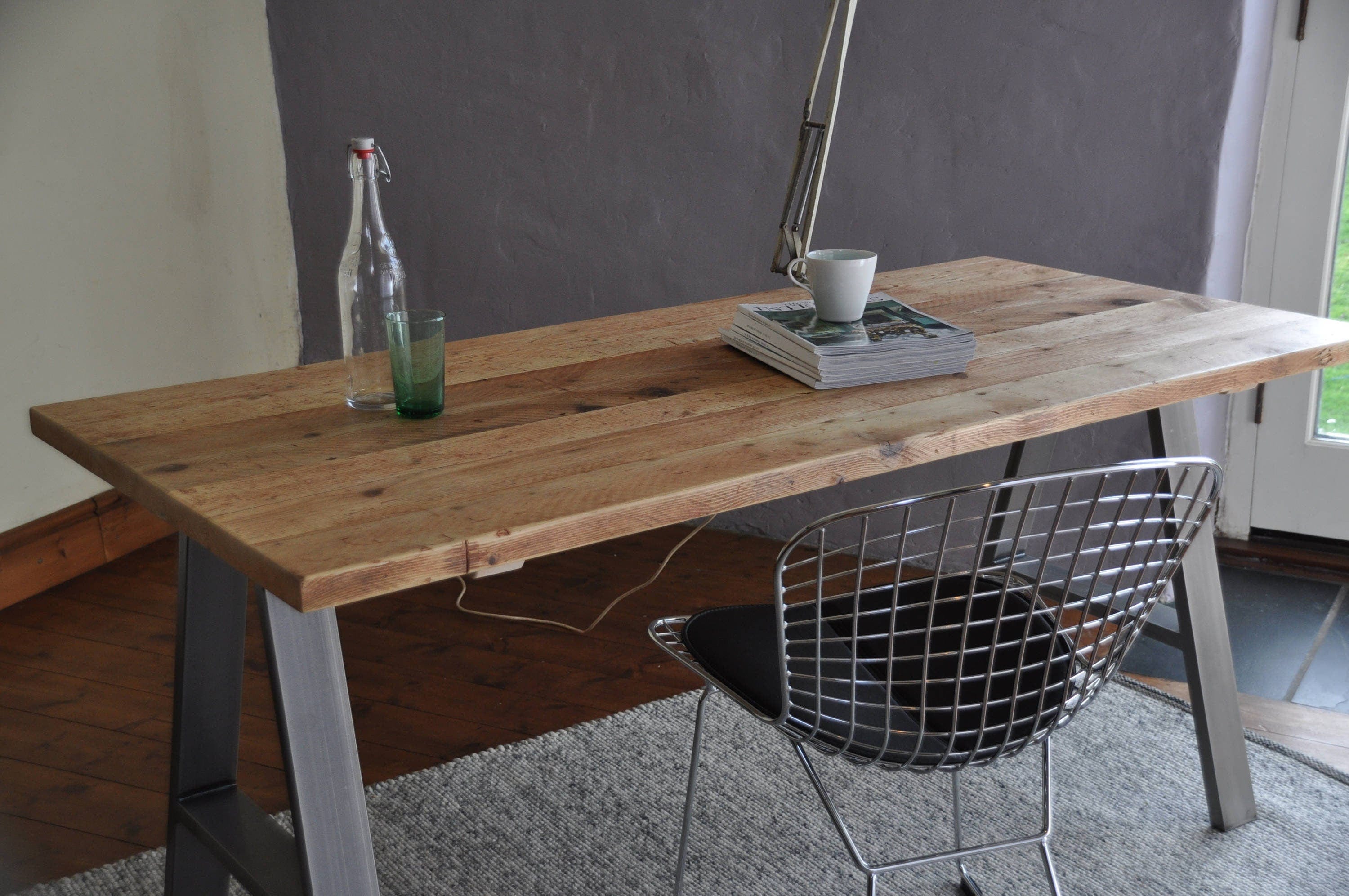 7MAGOKfurniture Desks Study Desk, WFH Bureau, Reclaimed Wood & A-Frame Steel Legs | INDUSTRIAL Collection