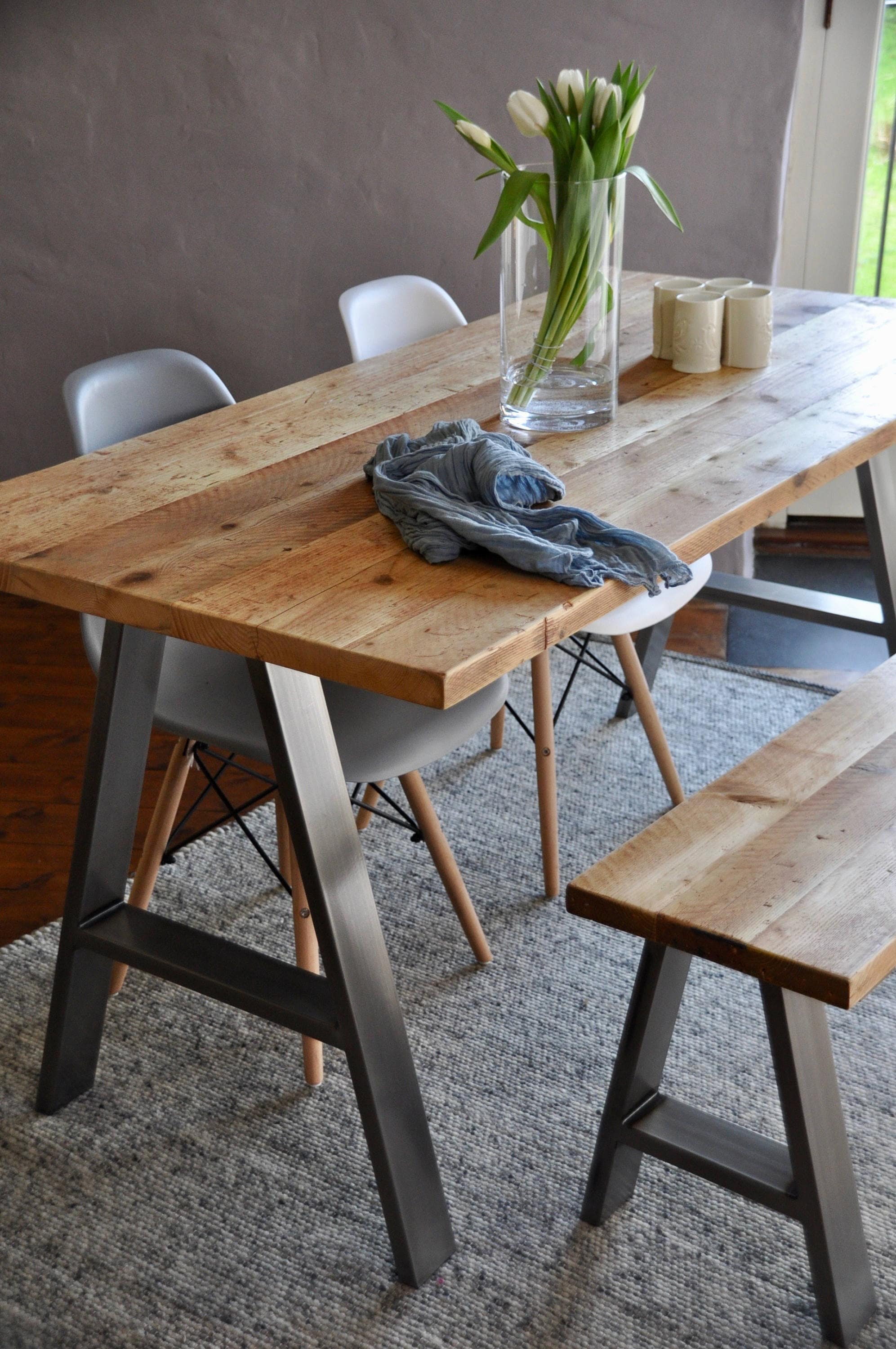 7MAGOKfurniture Kitchen & Dining Furniture Sets Salvaged Wood Table & Bench Dining Set on A-Frame Steel Legs | INDUSTRIAL Collection