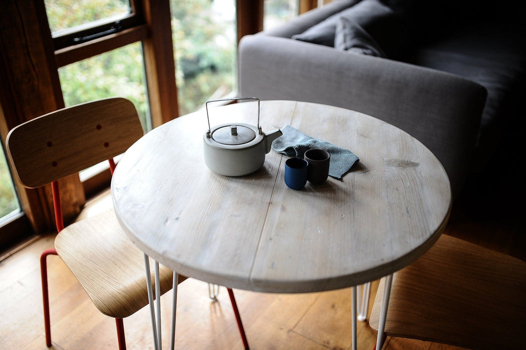 Round Extendable Table, Authentic Reclaimed wood on Hairpin Legs.