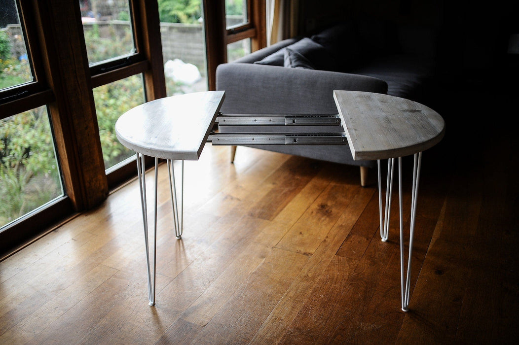 Round Extendable Table, Authentic Reclaimed wood on Hairpin Legs.