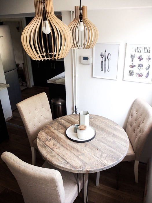 Round Extendable Table, Authentic Reclaimed wood on Hairpin Legs.